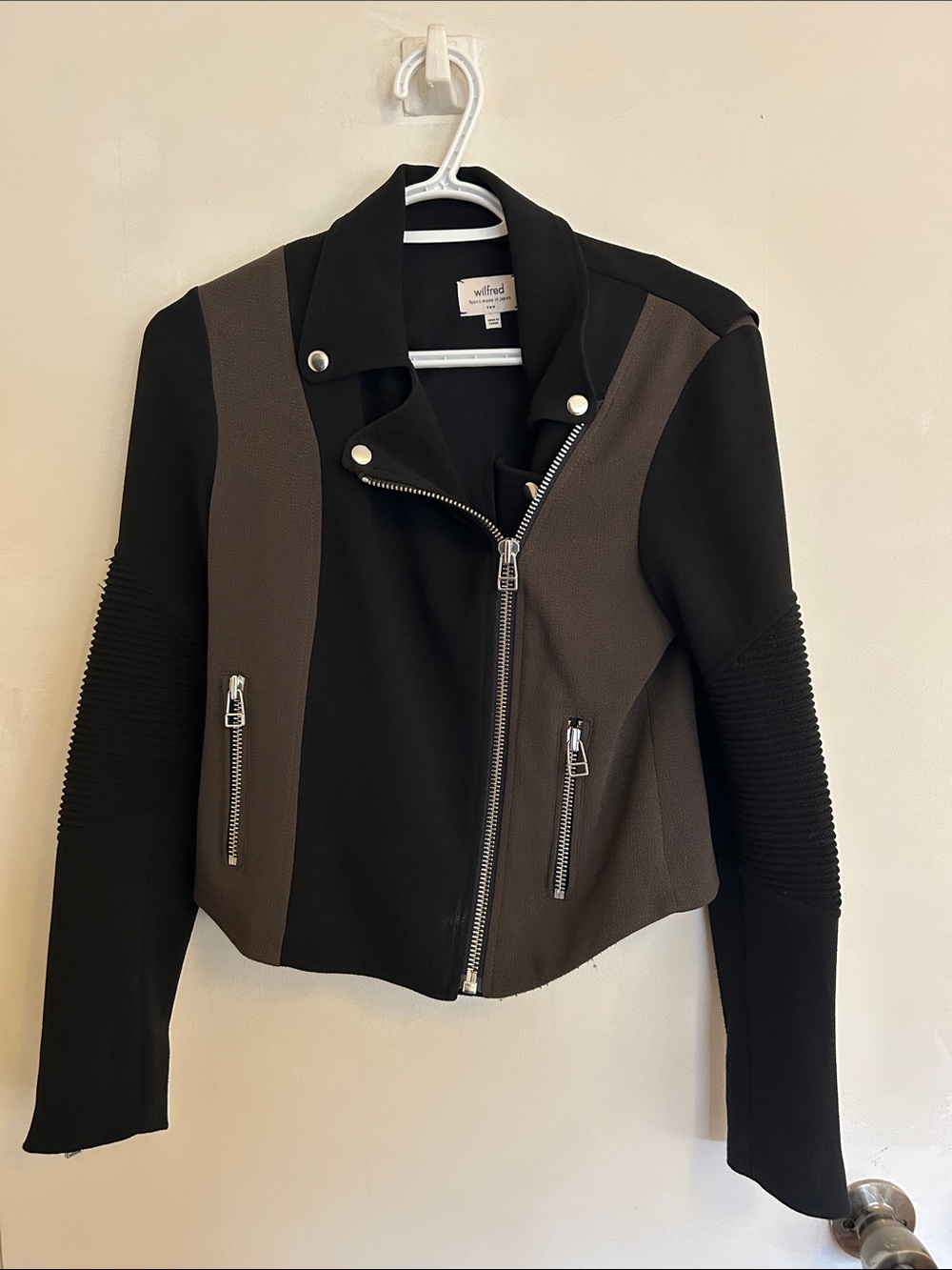 Wilfred Black and Dark Brown Asymmetric Moto Jacket